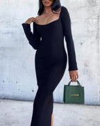 2022 Knitted Green Midi Sexy Bodycon Women Dress Spring Long Sleeve Off Shoulder Split Sweater Dresses nowadaysfashion