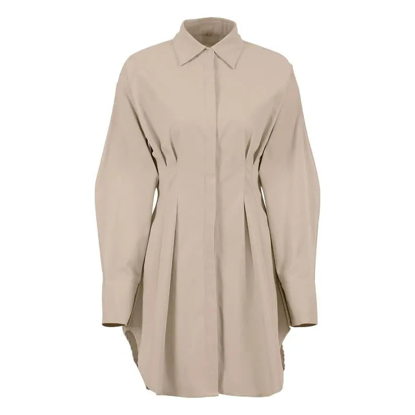 Autumn Winter Bodycon Dress Women Long Sleeve Khaki Pleated Shirt Midi Dresss nowadaysfashion