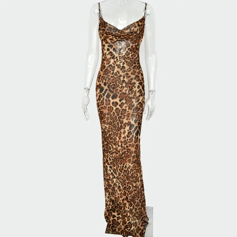 Leopard Print V-Neck Sexy Bodycon Long Dress Women Lace Up Backless Straps Beach Vestidos nowadaysfashion