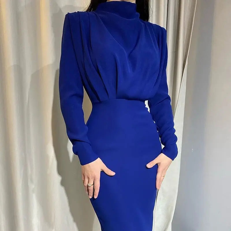 Elegant Women Dress Stand Collar Slim Waist Solid Ankle Length Autumn Long Sleeve Dress nowadaysfashion