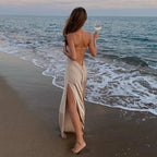 Spring Summer Women Satin Silky Spaghetti Strap Split Long Dress Elegant Sleeveless Backless Sexy Vestito nowadaysfashion