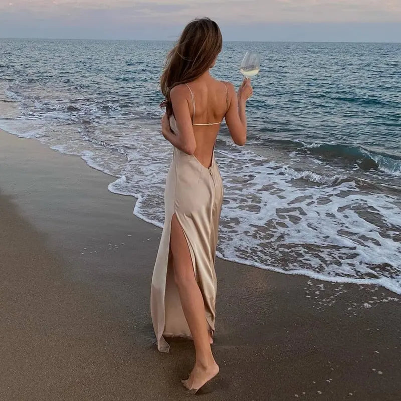 Spring Summer Women Satin Silky Spaghetti Strap Split Long Dress Elegant Sleeveless Backless Sexy Vestito nowadaysfashion