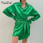 Long Sleeve Mini Satin Dress Nothed Lace Up Bandage Wrap High Waist Casual Shirt Dresses nowadaysfashion