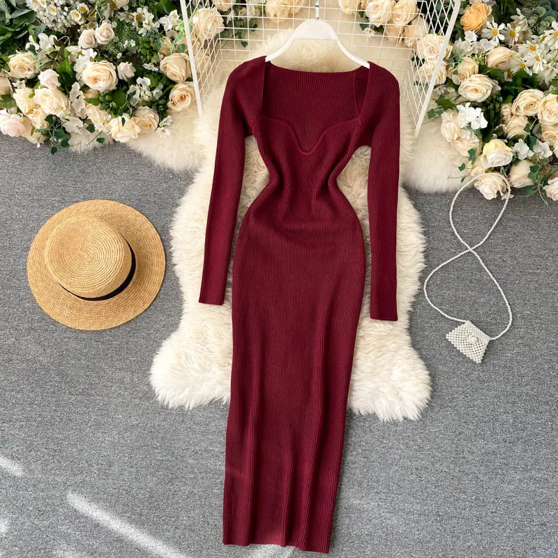 Strapless Ribbed Knitted Bodycon Dress Women Winter Long Sleeve Midi Sweater Dress nowadaysfashion