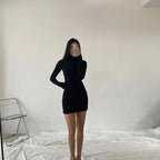 Spring Autumn Fashion Turtleneck Skinny Mini Dress Women Rib Knit Keep Warm Long Sleeve Dress nowadaysfashion