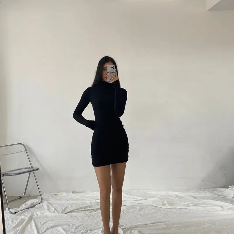 Spring Autumn Fashion Turtleneck Skinny Mini Dress Women Rib Knit Keep Warm Long Sleeve Dress nowadaysfashion