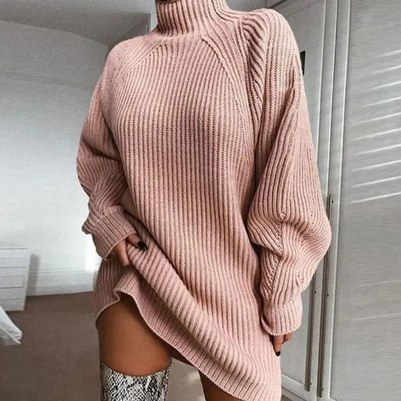 Women Turtleneck Oversized Knitted Dress Solid Long Sleeve Casual Elegant Mini Sweater Dress Plus Size nowadaysfashion