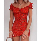Women Floral Wrap Dress Off Shoulder Tie Up Front Ruffle Mini Dress Summer Office Lady Slash Neck Printed Pencil Dress nowadaysfashion