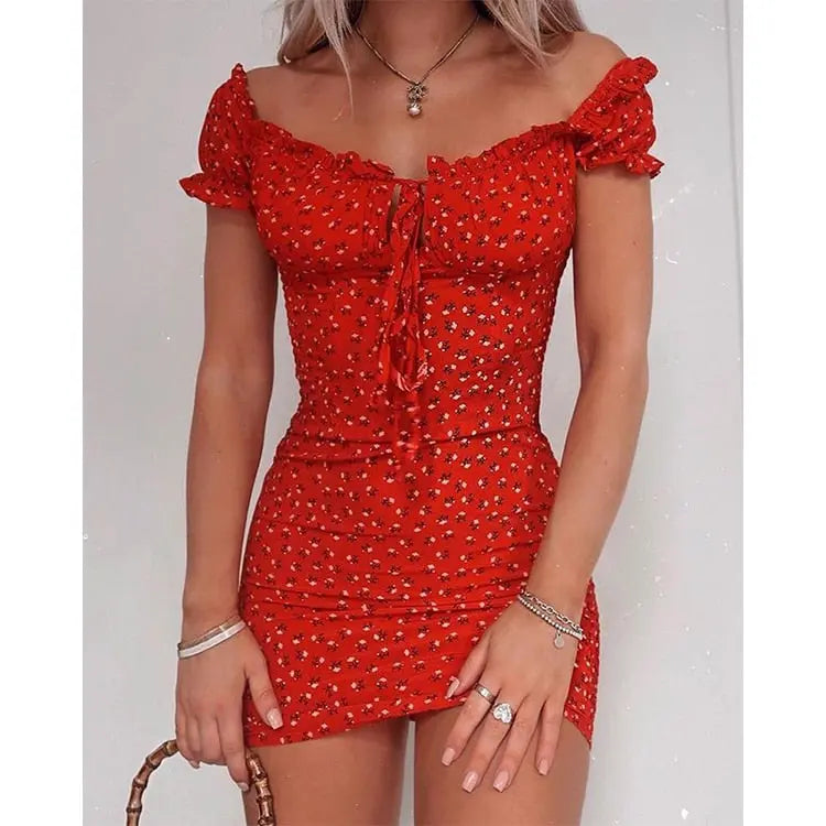 Women Floral Wrap Dress Off Shoulder Tie Up Front Ruffle Mini Dress Summer Office Lady Slash Neck Printed Pencil Dress nowadaysfashion