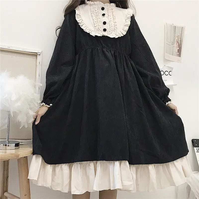 Japanese Style Women'S Dresses O-Neck High Waist Slimming Contrast-Color Ruffled Sweet Lolita Dress Kawaii nowadaysfashion