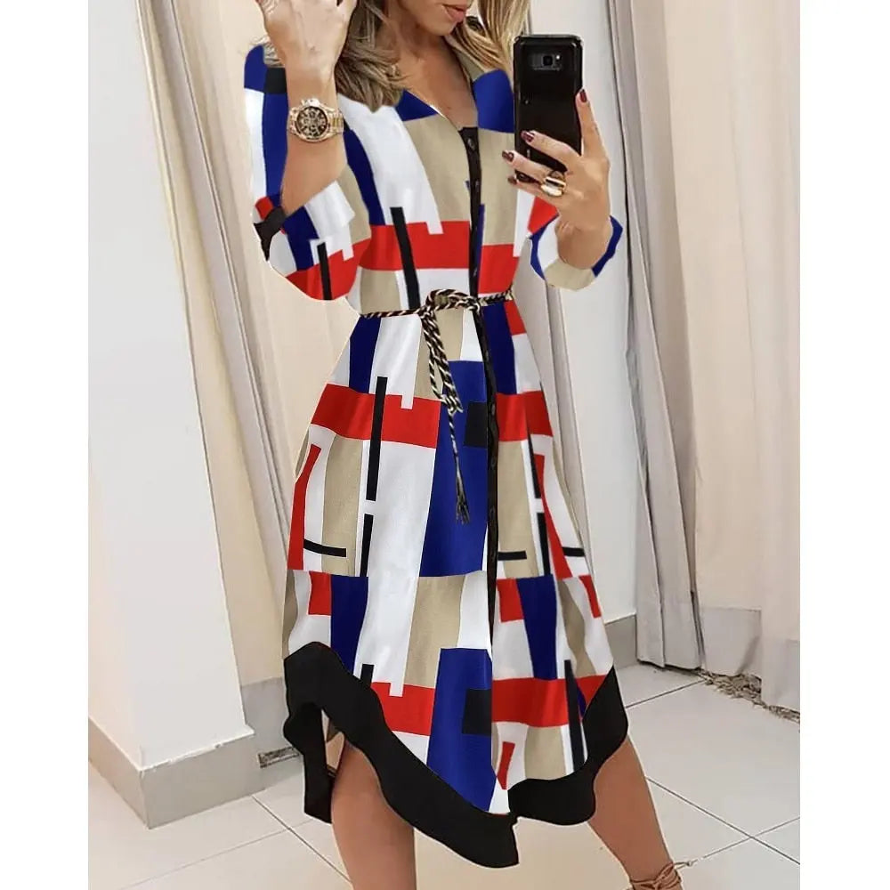 Spring Summer Lady Cover Up Women's Shirt Dress Wave Print Long Sleeve V-Neck Casual Dress Plus Size nowadaysfashion