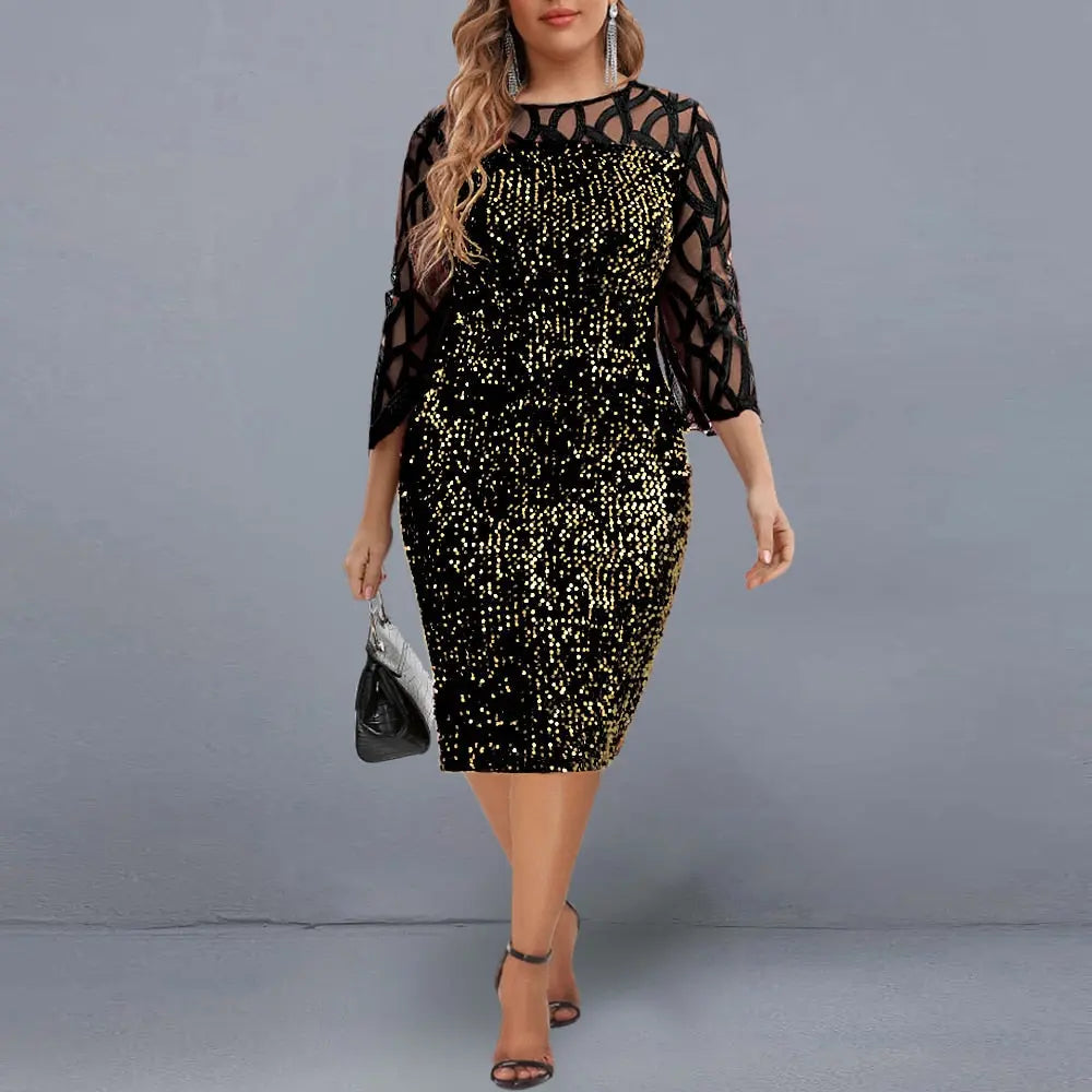 Elegant Sequin Evening Party Dresses 2022 Spring Mesh Patchwork Casual Midi Dress nowadaysfashion