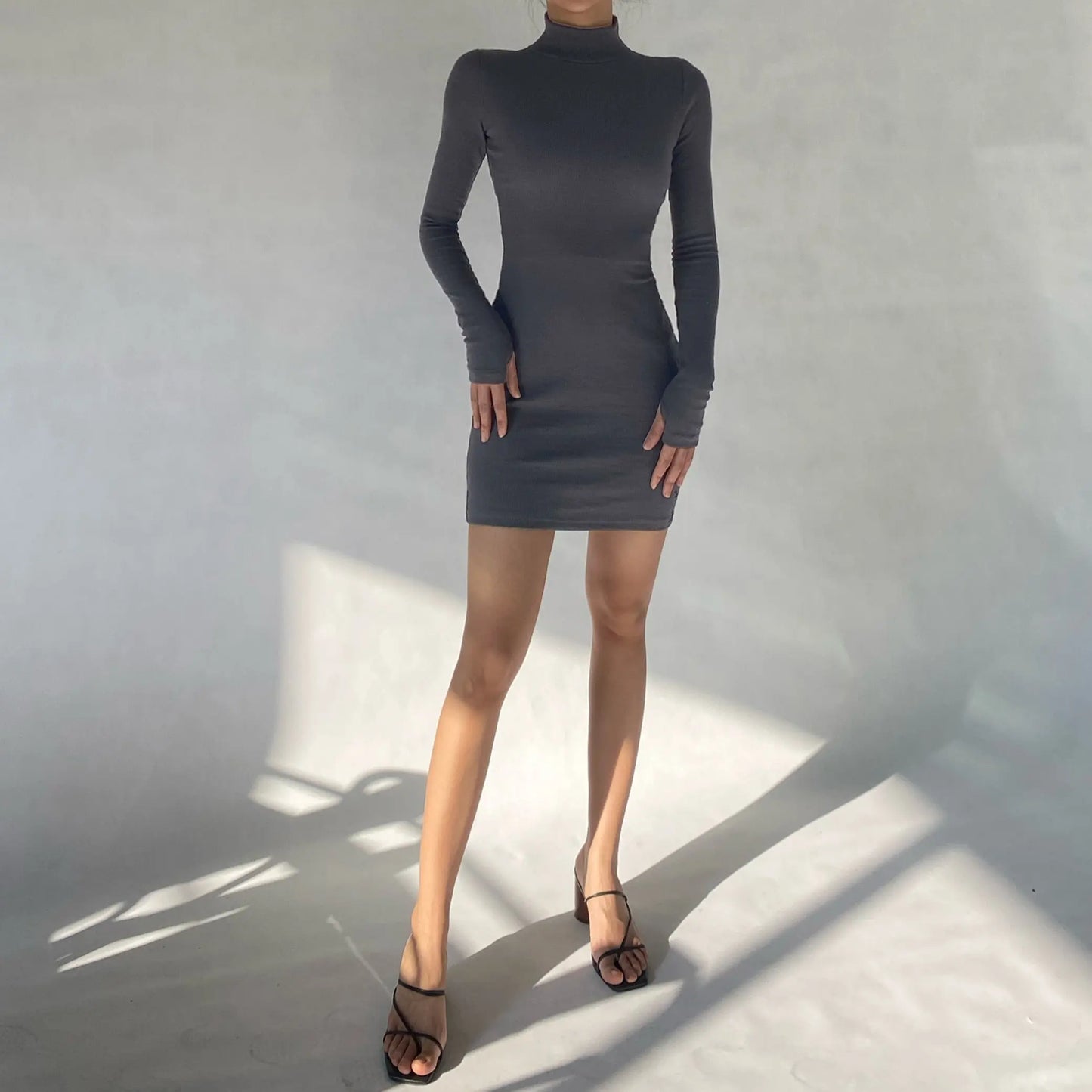Spring Autumn Fashion Turtleneck Skinny Mini Dress Women Rib Knit Keep Warm Long Sleeve Dress nowadaysfashion