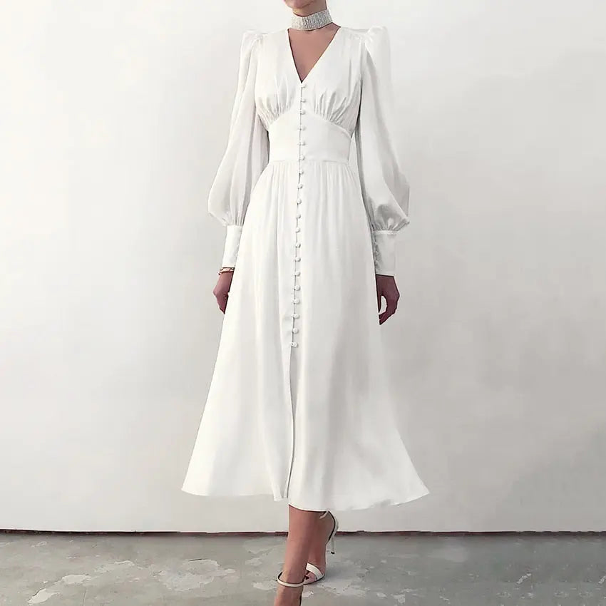 Single Breasted Dress High Waist Satin Long Dress V Neck Women Midi Dresses Lantern Sleeve nowadaysfashion
