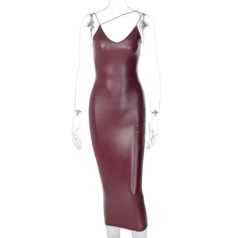 Pu Faux Leather Women Slit Midi Dress Strap V Neck Backless Bodycon Sexy Streetwear nowadaysfashion