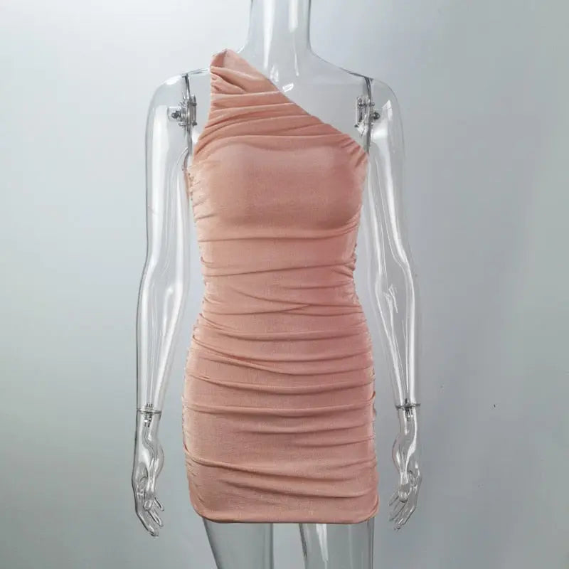Elegant One Shoulder Party Dresses For Women Sleeveless Ruched Bodycon Dress Sexy Mini Summer Dress nowadaysfashion