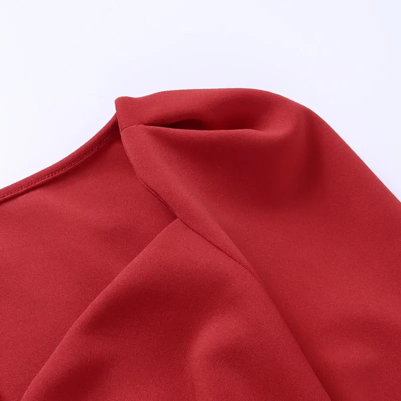 Slim V Neck Long Sleeve Mid Calf Pencil Dress 2022 Casual Office Lady Solid Red Puff Sleeve nowadaysfashion