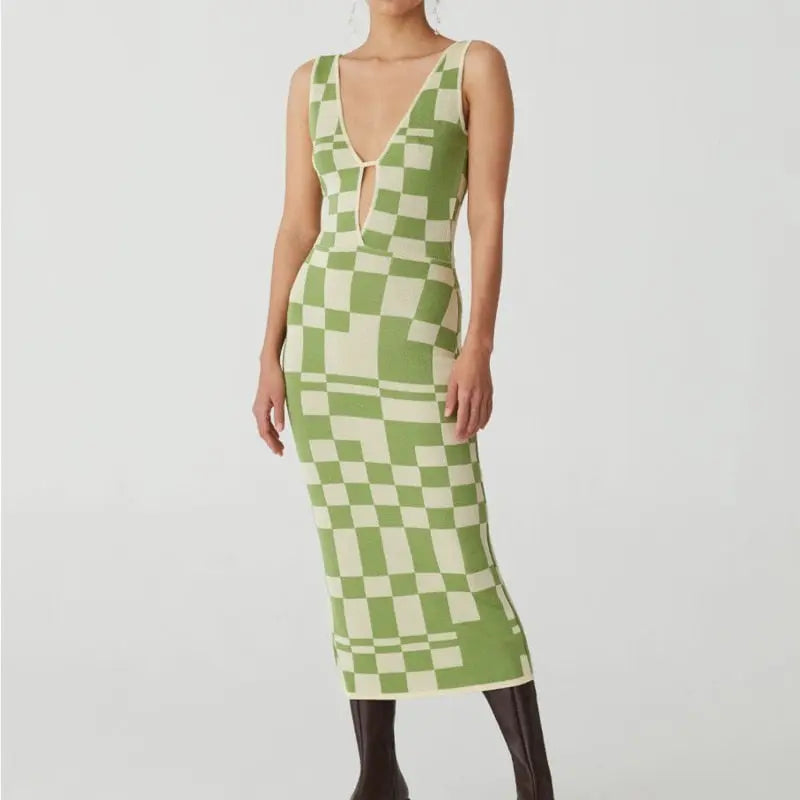 Knitted Sexy Bodycon Summer Women Dresses Backless Plaid Print Spaghetti Strap Hollow Out Vestidos nowadaysfashion