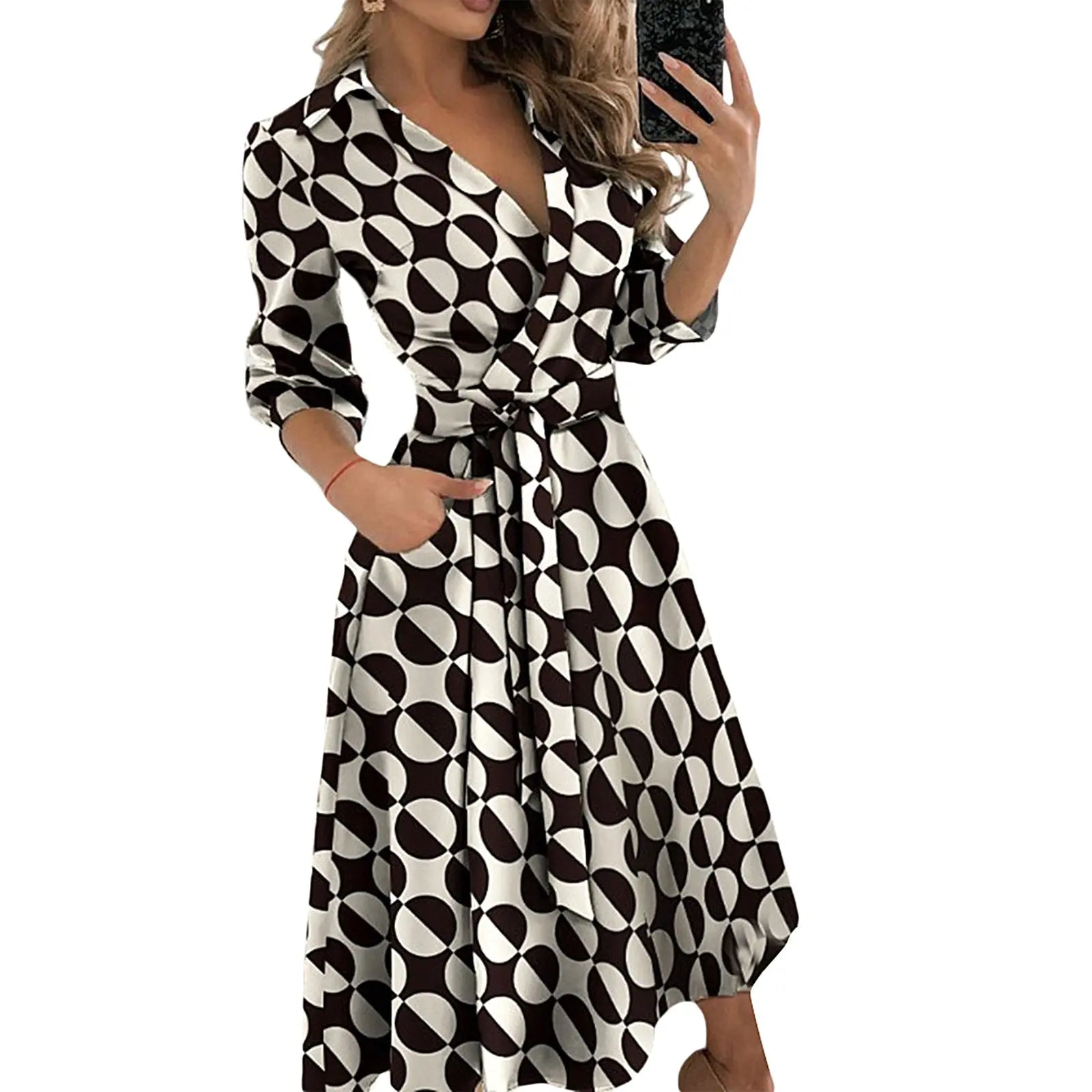 Spring Summer Lady Cover Up Women's Shirt Dress Wave Print Long Sleeve V-Neck Casual Dress Plus Size nowadaysfashion
