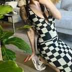 Knitted Sexy Bodycon Summer Women Dresses Backless Plaid Print Spaghetti Strap Hollow Out Vestidos nowadaysfashion