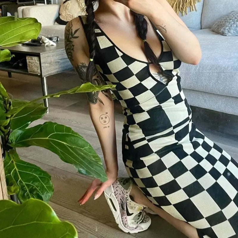 Knitted Sexy Bodycon Summer Women Dresses Backless Plaid Print Spaghetti Strap Hollow Out Vestidos nowadaysfashion