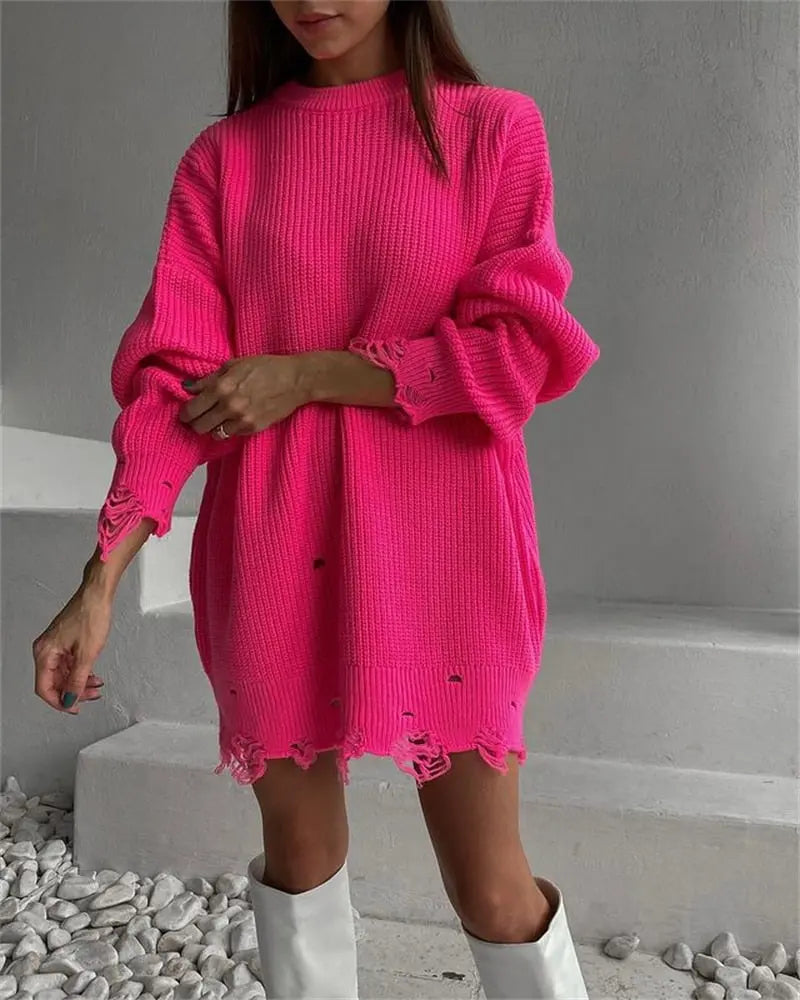 O Neck Oversized Mini Knitted Women Sweater Loose Dresses Autumn Winter Long Sleeve nowadaysfashion