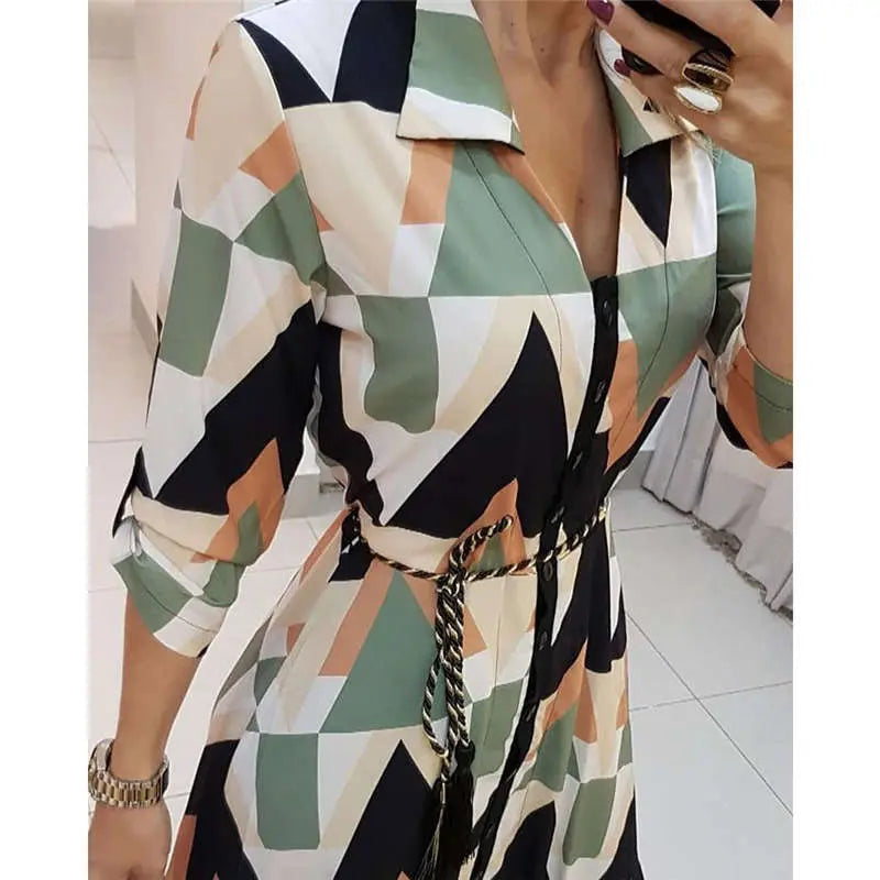 Spring Summer Lady Cover Up Women's Shirt Dress Wave Print Long Sleeve V-Neck Casual Dress Plus Size nowadaysfashion