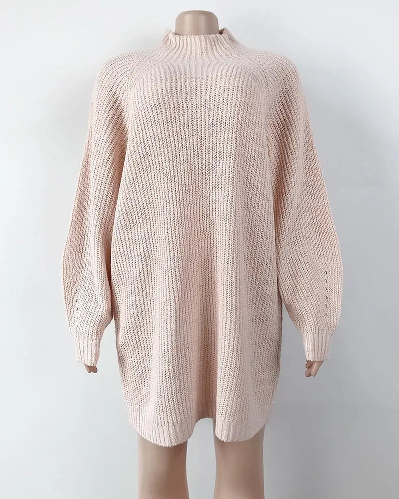 Women Turtleneck Oversized Knitted Dress Solid Long Sleeve Casual Elegant Mini Sweater Dress Plus Size nowadaysfashion
