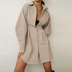 Autumn Winter Bodycon Dress Women Long Sleeve Khaki Pleated Shirt Midi Dresss nowadaysfashion