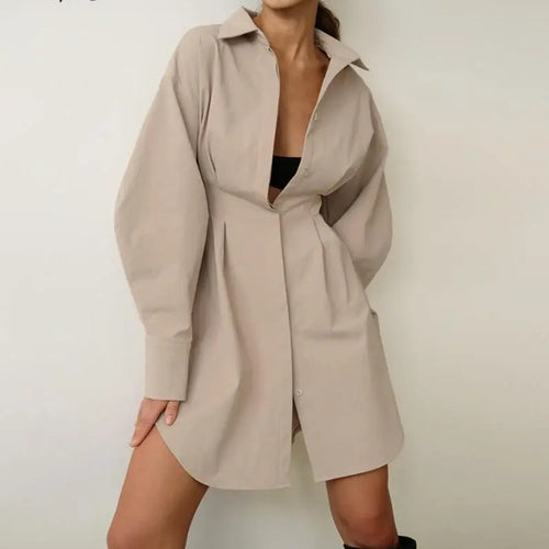 Autumn Winter Bodycon Dress Women Long Sleeve Khaki Pleated Shirt Midi Dresss nowadaysfashion