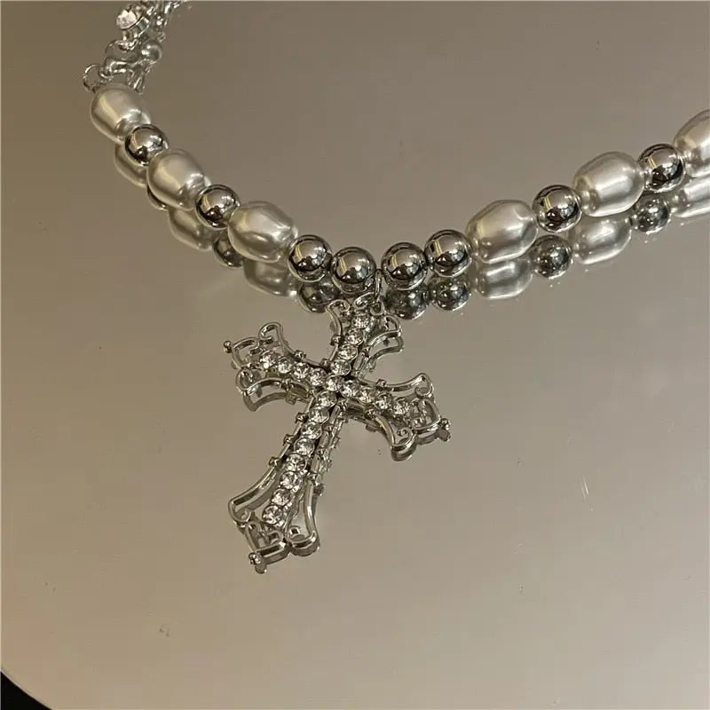 Bling Cross Pendant Necklaces for Women Girl Gift Wedding Neck Jewelry Goth Pearl Necklace nowadaysfashion