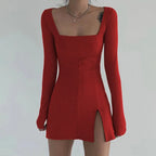 Square Neck Ribbed Black Dress Female Knitted Side Split Bodycon Dress Long Sleeve Mini Dresses nowadaysfashion
