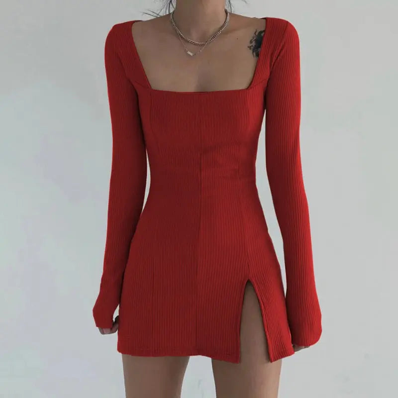 Square Neck Ribbed Black Dress Female Knitted Side Split Bodycon Dress Long Sleeve Mini Dresses nowadaysfashion