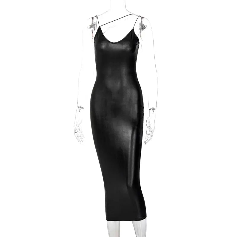 Pu Faux Leather Women Slit Midi Dress Strap V Neck Backless Bodycon Sexy Streetwear nowadaysfashion