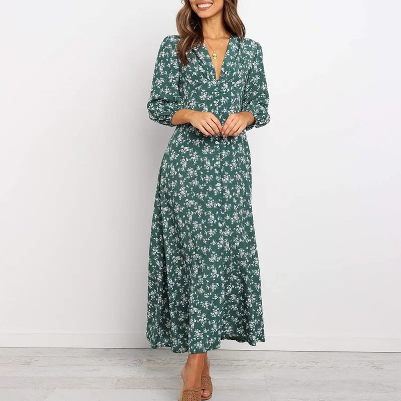 Women Chiffon Long Dress Floral Print Lantern Sleeve A-line Maxi Vestidos Vintage V Neck Dresses nowadaysfashion