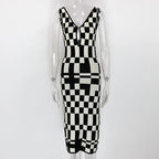 Knitted Sexy Bodycon Summer Women Dresses Backless Plaid Print Spaghetti Strap Hollow Out Vestidos nowadaysfashion