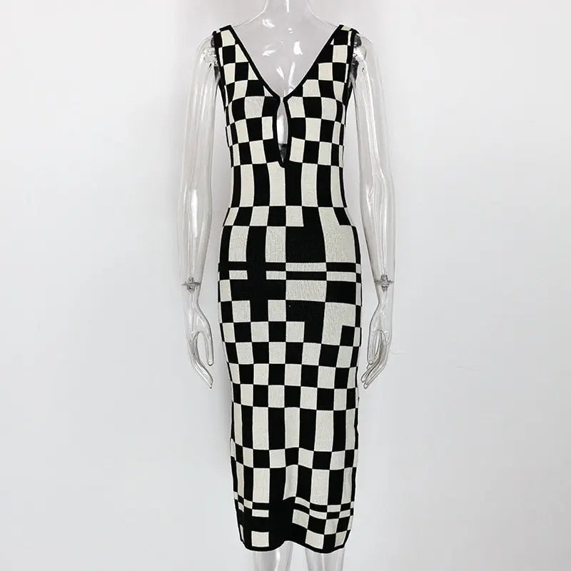 Knitted Sexy Bodycon Summer Women Dresses Backless Plaid Print Spaghetti Strap Hollow Out Vestidos nowadaysfashion