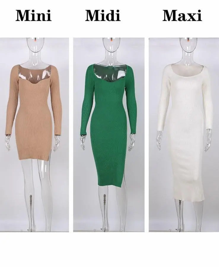 2022 Knitted Green Midi Sexy Bodycon Women Dress Spring Long Sleeve Off Shoulder Split Sweater Dresses nowadaysfashion