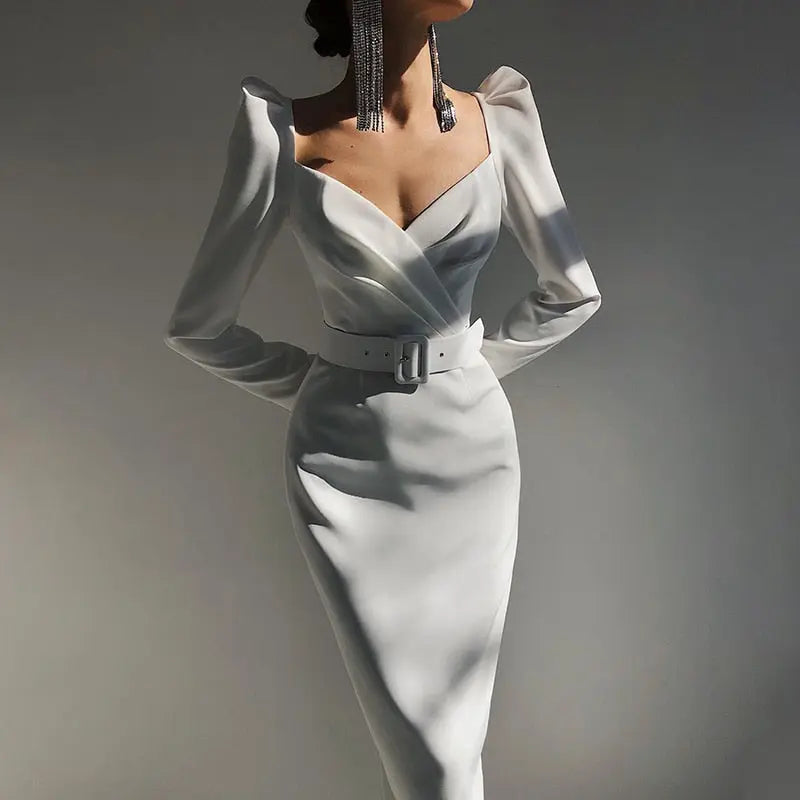 Slim V Neck Long Sleeve Mid Calf Pencil Dress 2022 Casual Office Lady Solid Red Puff Sleeve nowadaysfashion