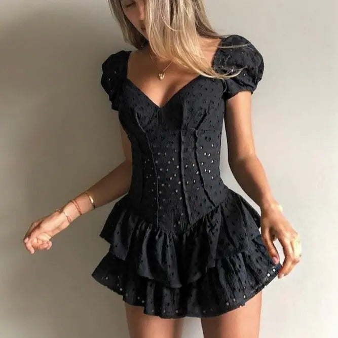 V Neck Ruffles Pleated Dress Women Puff Sleeve Chic Summer Dress Hollow Out Vintage Corset nowadaysfashion