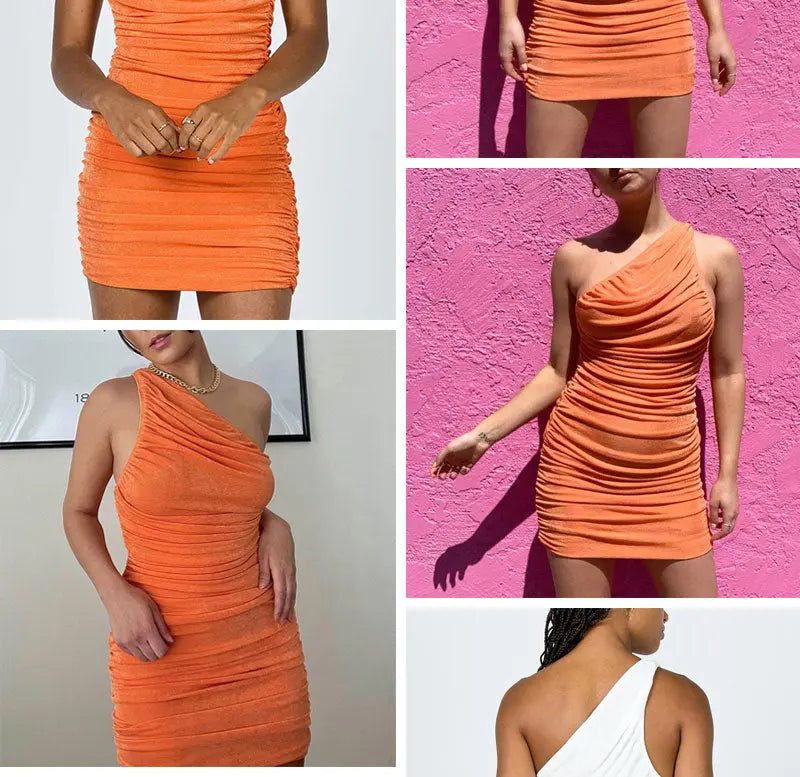 Elegant One Shoulder Party Dresses For Women Sleeveless Ruched Bodycon Dress Sexy Mini Summer Dress nowadaysfashion