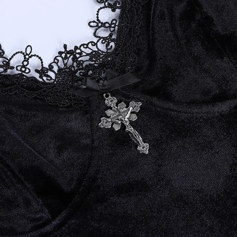 Gothic Dark Cross Black Mini Dress Vintage Sexy Spaghetti Strap High Waist Slit Dresses nowadaysfashion