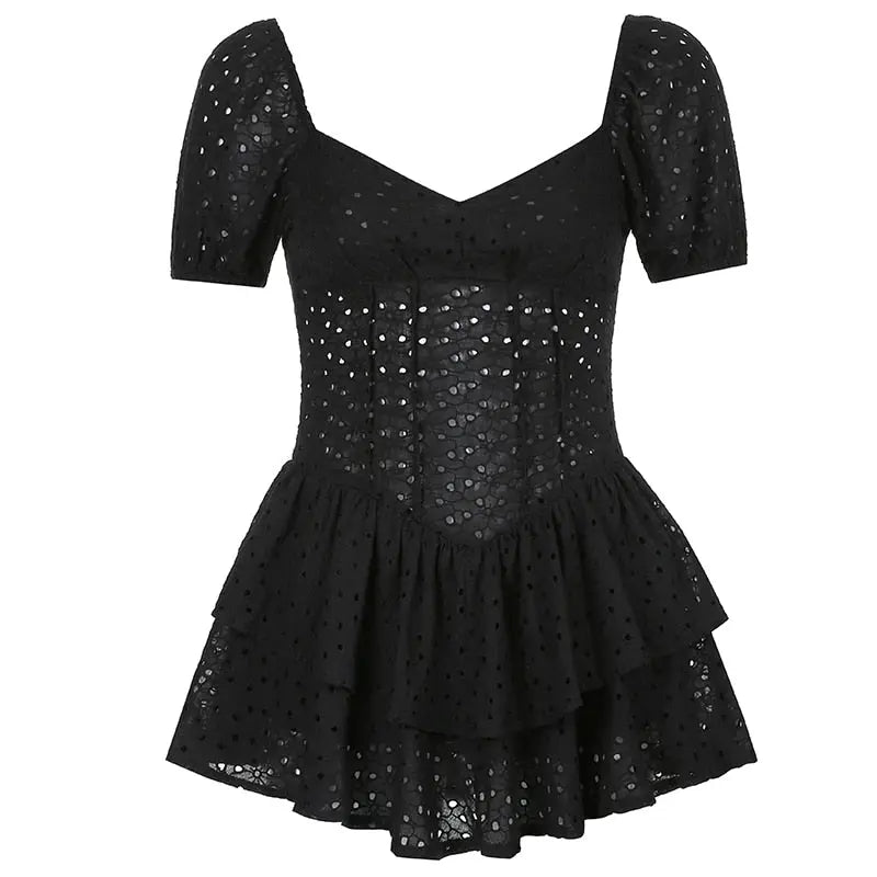 V Neck Ruffles Pleated Dress Women Puff Sleeve Chic Summer Dress Hollow Out Vintage Corset nowadaysfashion