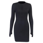Bodycon Ribbed Dress Stand Collar Zipper Deep V-neck Solid Stretch Mini Vestido nowadaysfashion