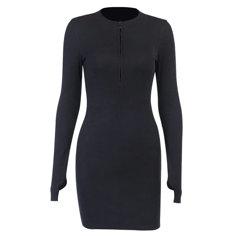 Bodycon Ribbed Dress Stand Collar Zipper Deep V-neck Solid Stretch Mini Vestido nowadaysfashion