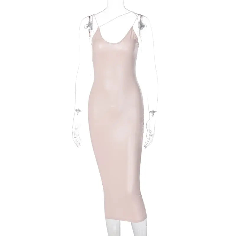 Pu Faux Leather Women Slit Midi Dress Strap V Neck Backless Bodycon Sexy Streetwear nowadaysfashion