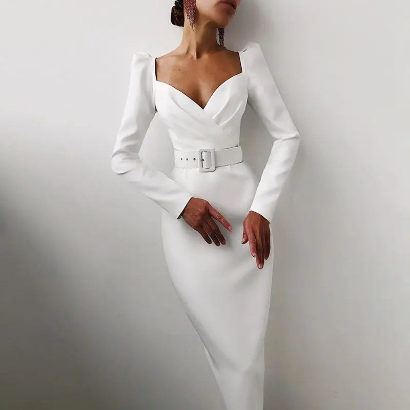 Slim V Neck Long Sleeve Mid Calf Pencil Dress 2022 Casual Office Lady Solid Red Puff Sleeve nowadaysfashion