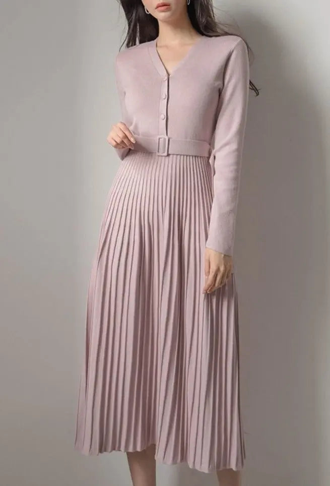 V-neck Single-breasted Women Thicken Sweater Dress Knitted Belted Female A-line soft dresses nowadaysfashion