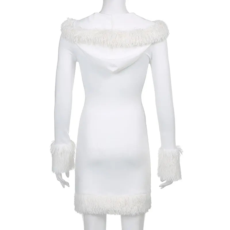 Furry White Bodycon Mini Dresses Women Autumn Long Sleeve Hooded V Neck Dress nowadaysfashion