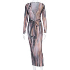 tie dye print women midi dress long sleeve bodycon sexy bandage bodycon nowadaysfashion